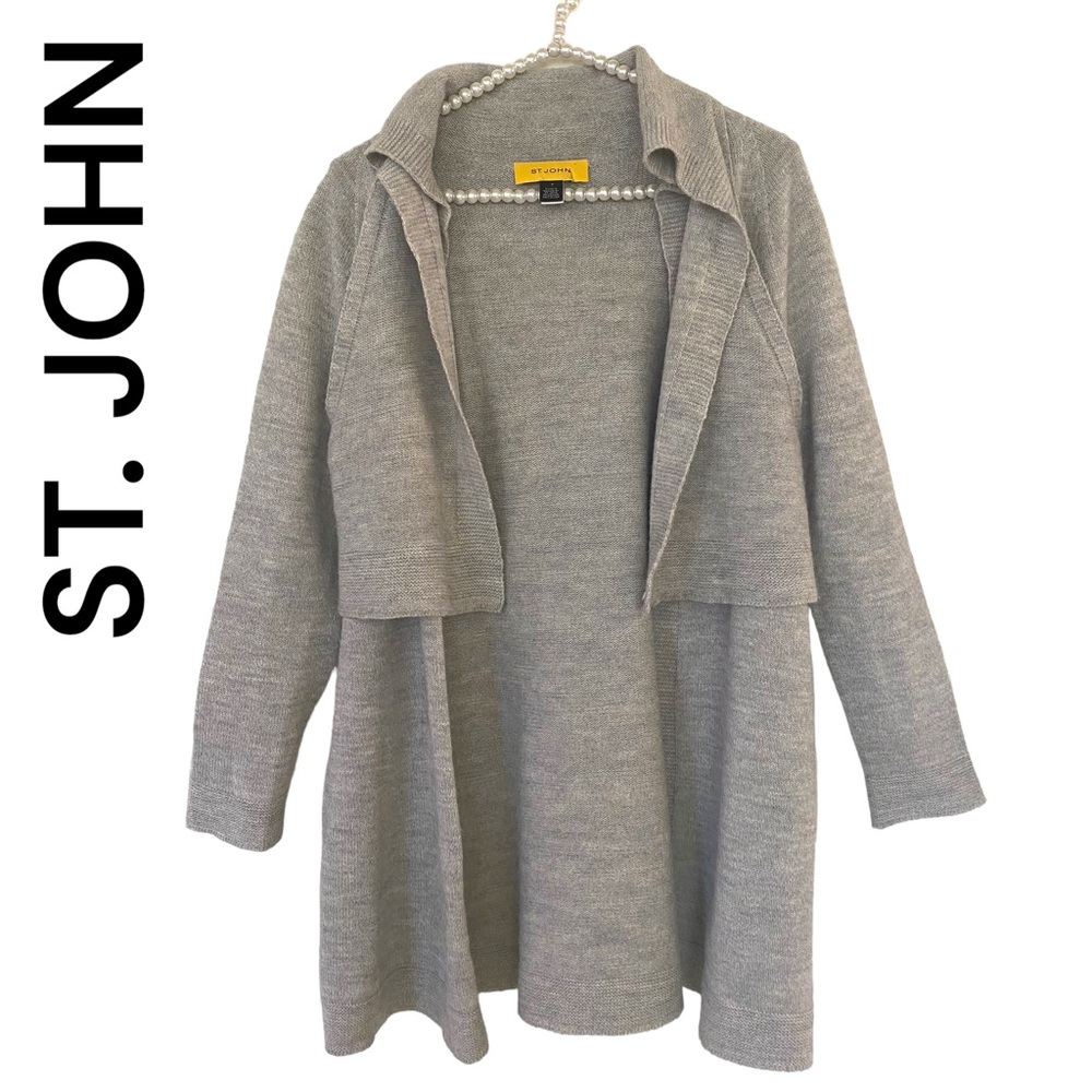 ST. JOHN ALPACA WOOL KNIT LAYERED OPEN FRONT CARDIGAN GREY SIZE P OR SMALL